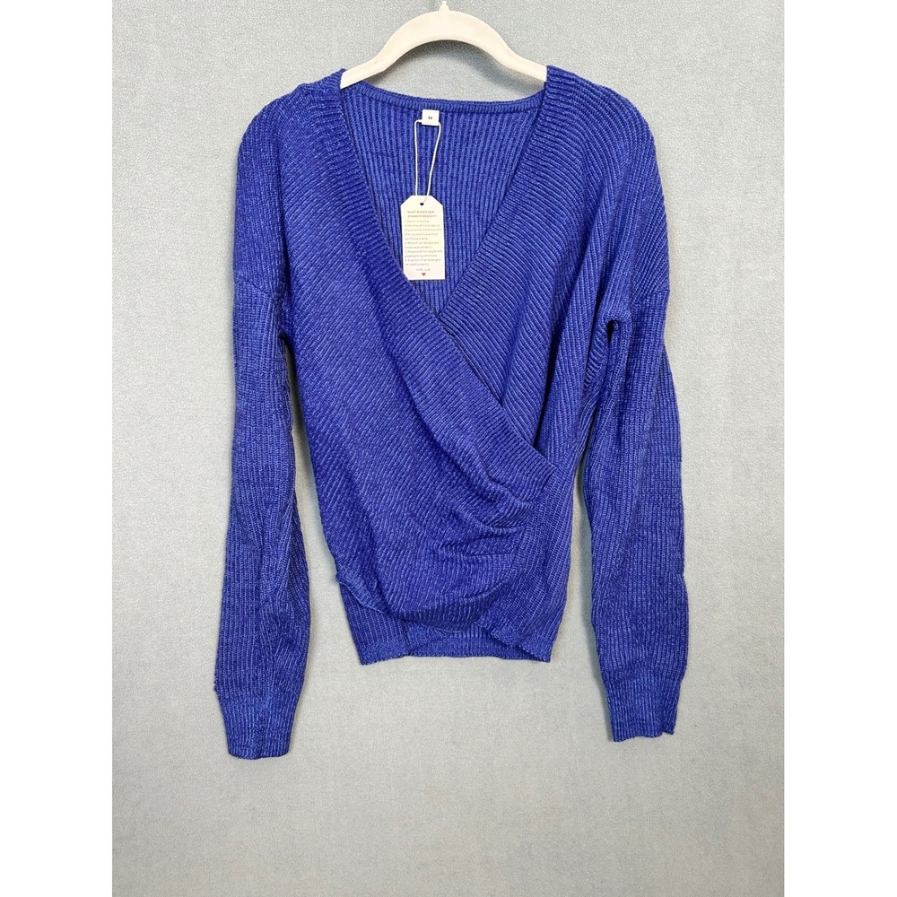 Royal Blue Ribbed Surplice V-Neck Wrap Sweater Long Sleeve Size M